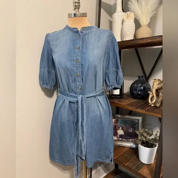 Sanctuary Denim Short Sleeve Sash Belt Blue Jean Mini Dress Women’s SMALL - Picture 1 of 9